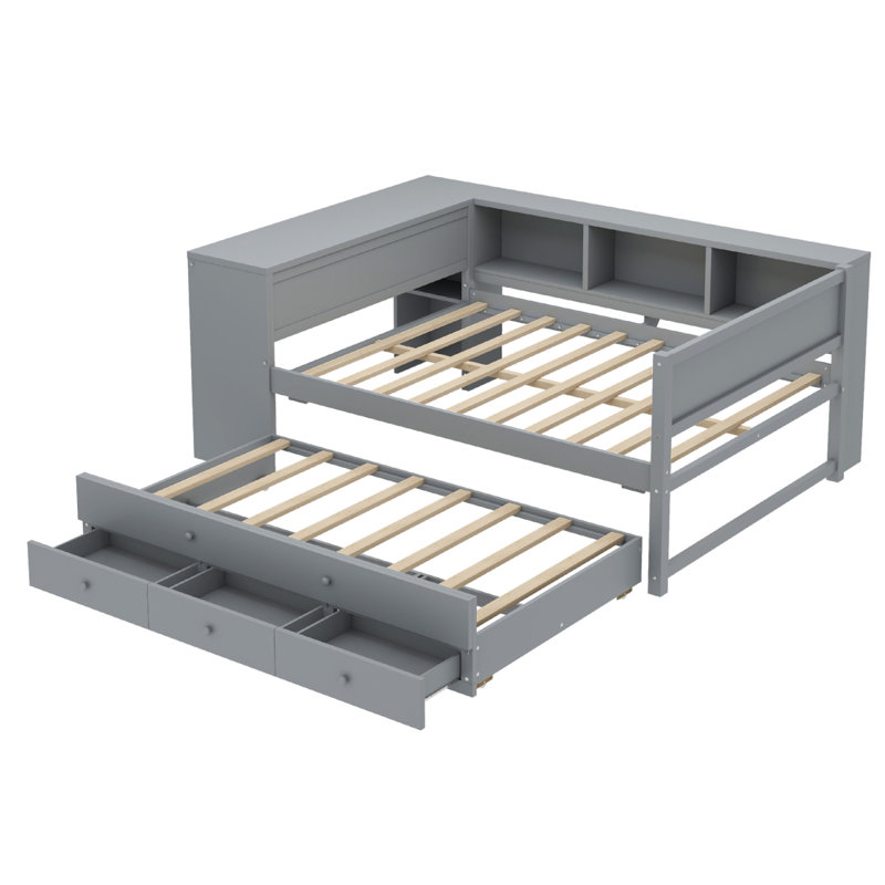 Full Size Daybed With Trundle, Wood Day Bed Frame With Storage Drawers And Side Shelves, Daybed With Desk, No Spring Box Needed, Gray