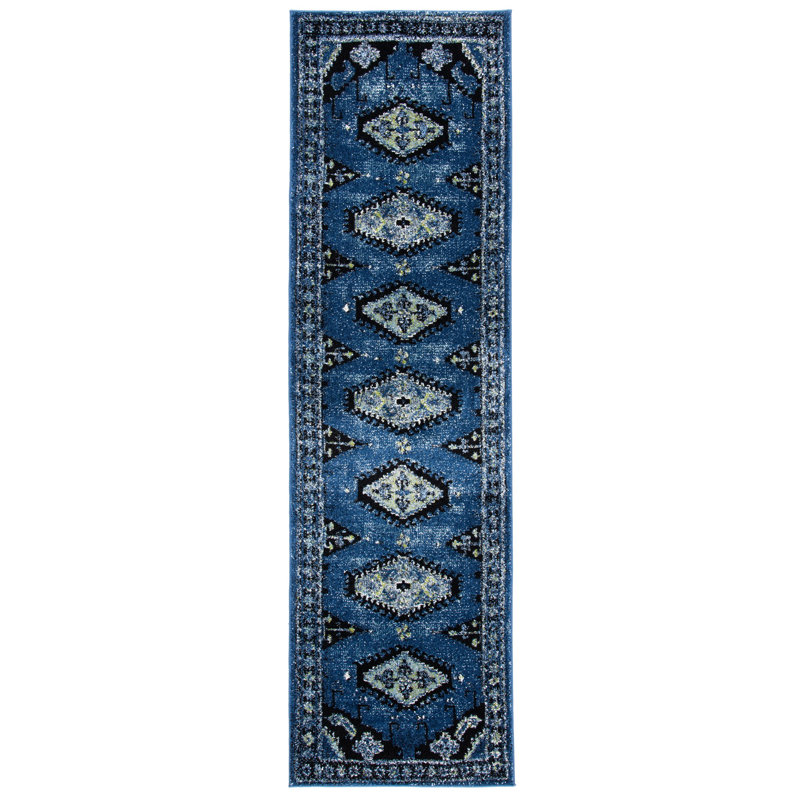 Tapis bleu / noir Southwestern, Tapis de couloir 2 pi 3 po x 8 pi