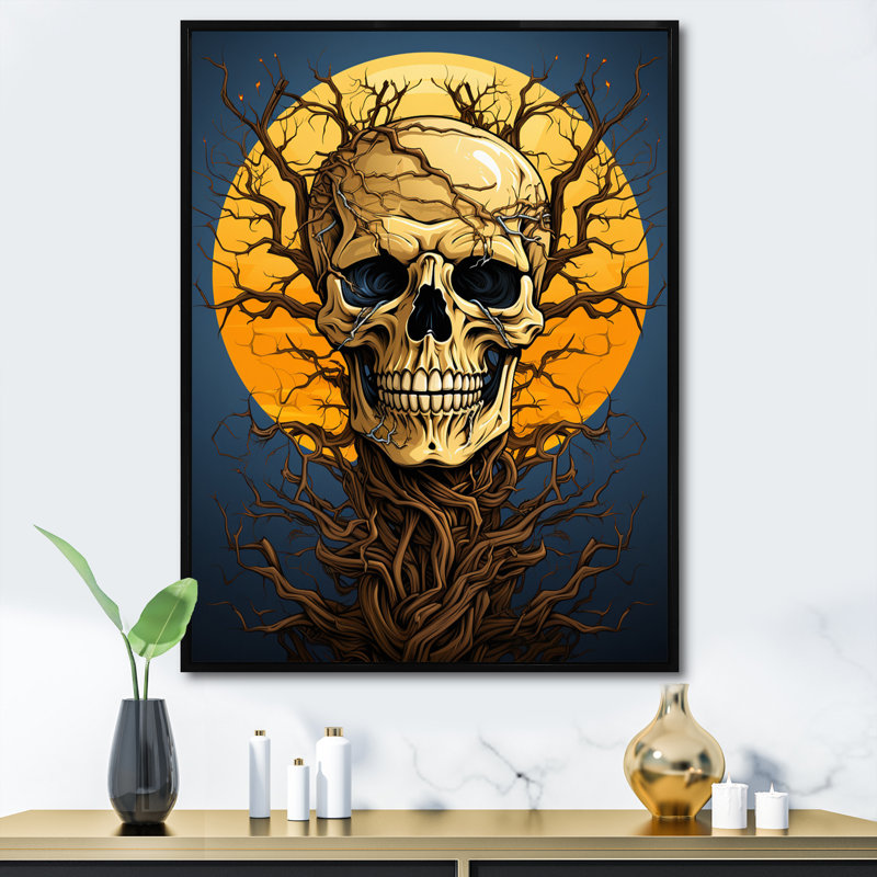 «Happy Full Moon Skull» souriant, reproduction sur toile, H 20 po x l 12 po x P 1 po, Cadre flottant noir