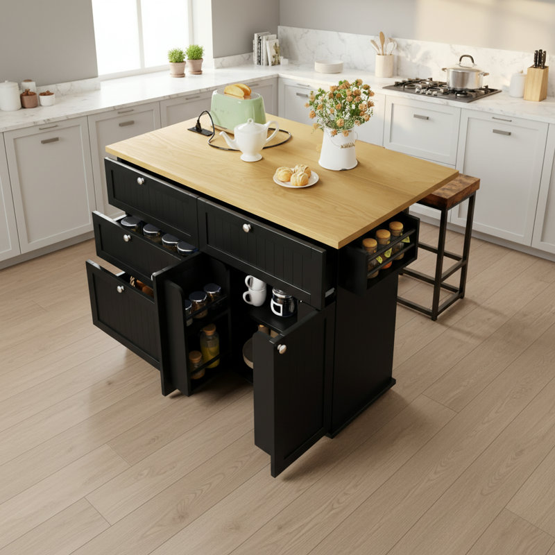 Grand îlot de cuisine 47,2 po avec 2 tabourets de bar, rallonge et prise de courant, Noir