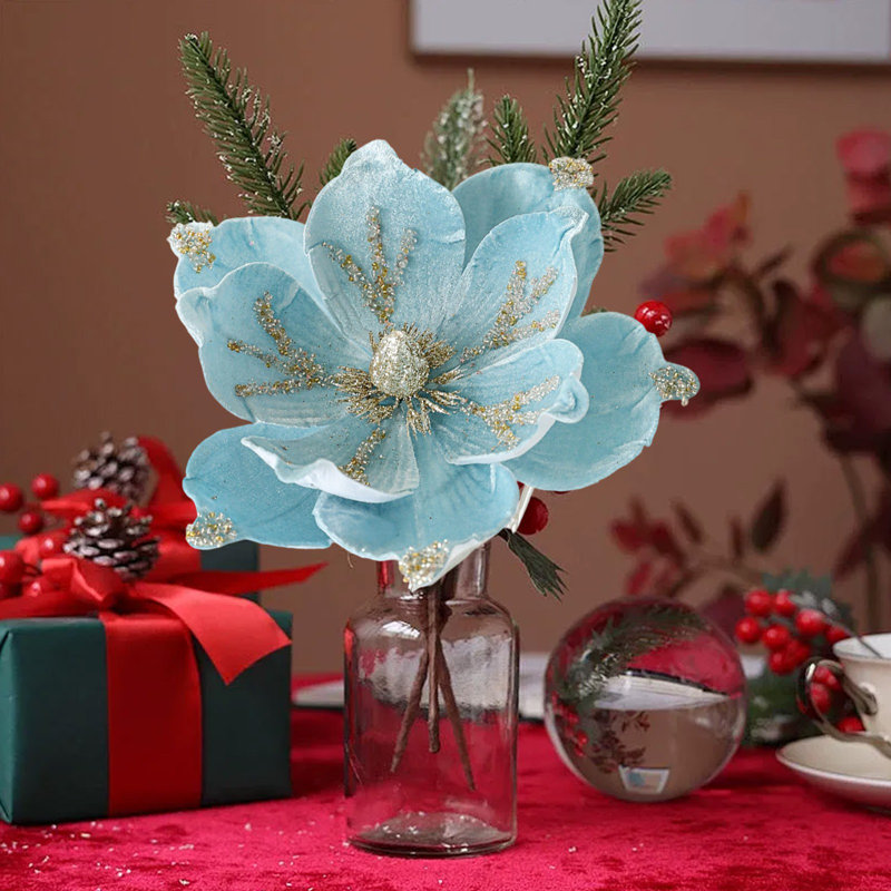 Fleur de Noël 24CM flocage de fleurs de magnolia haut de gamme décoration de Noël fleur de Noël, Bleu