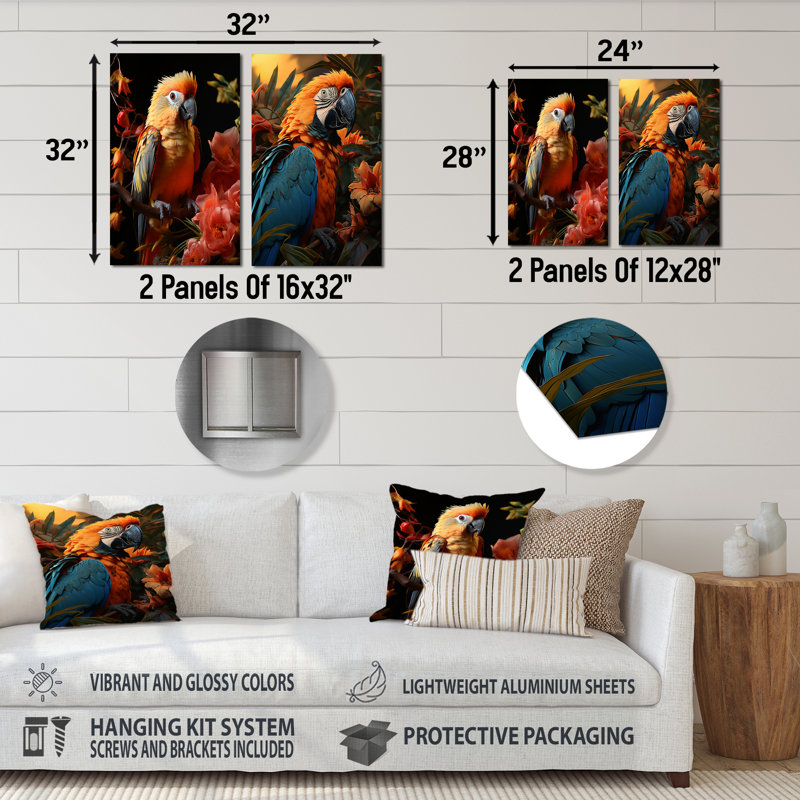 Ensemble de 2 perroquets Serenade tropicaux - art mural en métal Perroquet, H 28 po x l 24 po