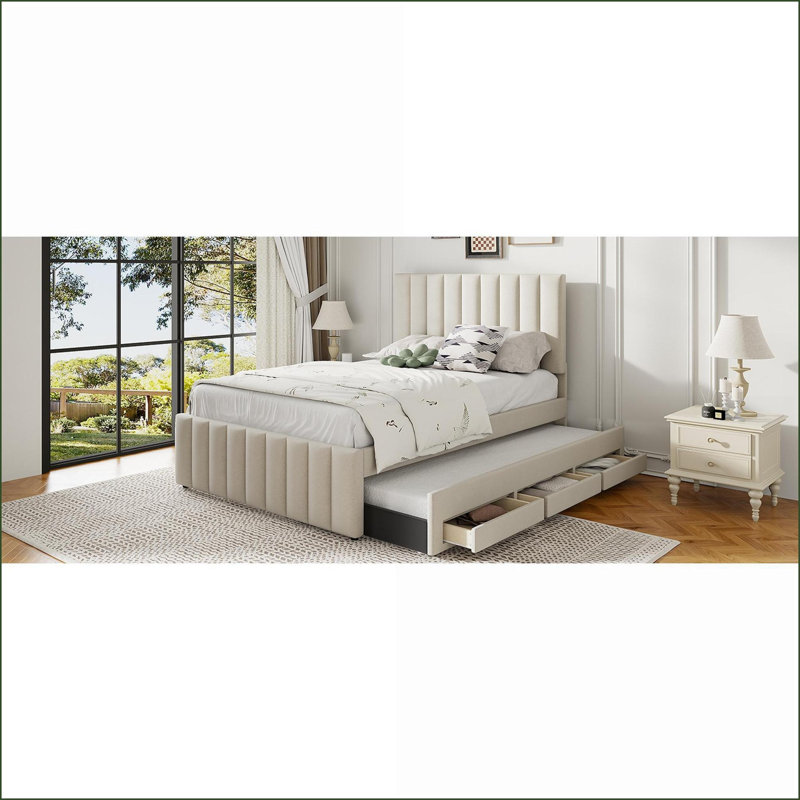Lit plateforme tapissier pleine grandeur avec lit gigogne simple & amp; 3 tiroirs, beige - aucun sommier requis, Beige