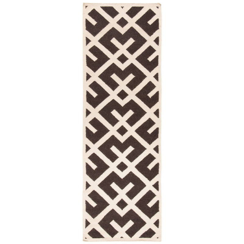 Tapis géométrique en laine / coton tissé à la main Fung en brun / ivoire, Tapis de couloir 2 pi 6 po x 8 pi