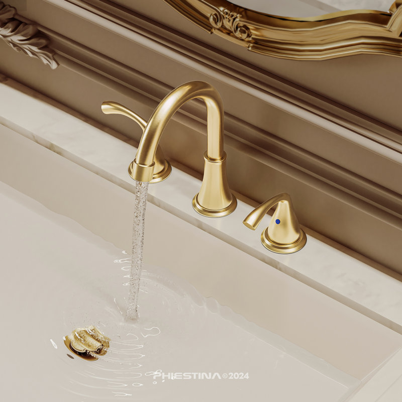 8 Inch 3 Hole 2 Handle Widespread Brushed Gold Bathroom Sink Faucet, Modern Bathroom Faucet With Metal Pop Up Drain And Water Supply Lines