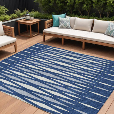 Tapis intérieur / extérieur lavable 10 pi x 14 pi bleu marine, gris et ivoire