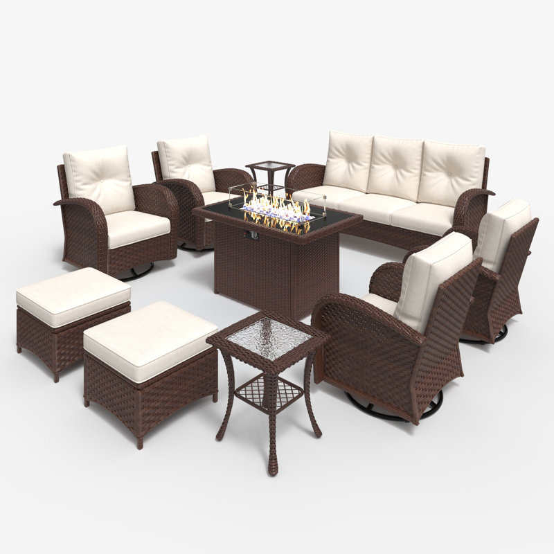 Red Barrel Studio® 10 Pieces Outdoor Patio Furniture Set with Fire Pit Table, Rattan Wicker Sectional Swivel Rocker Chairs Sets