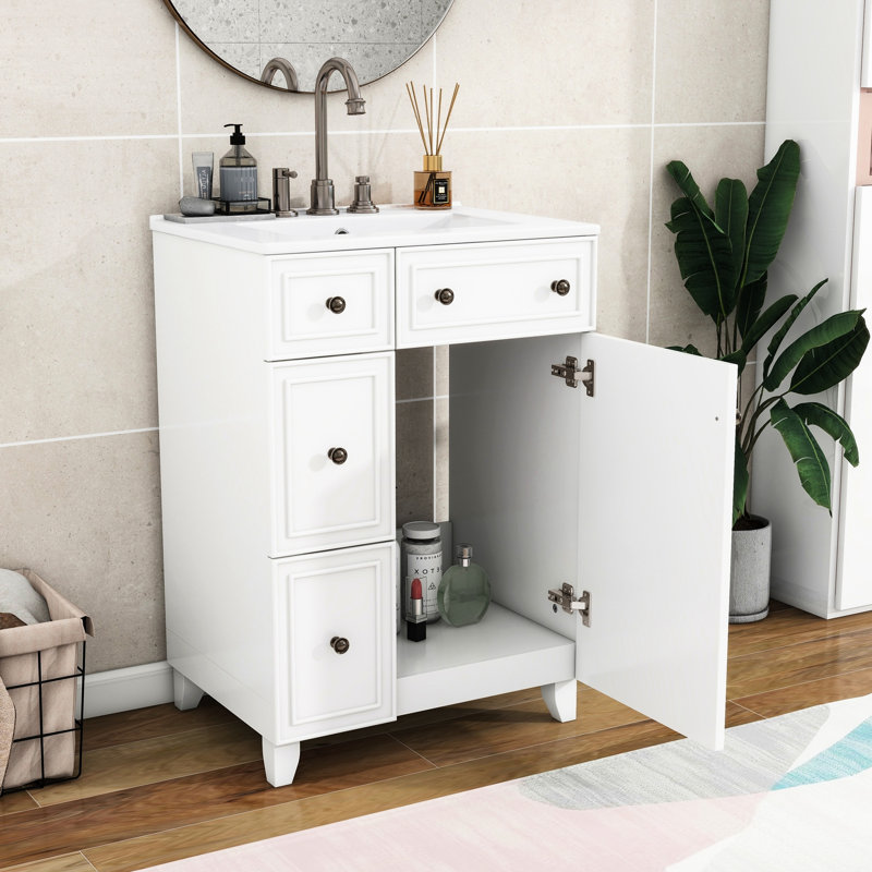 Meuble-lavabo de salle de bain 24 po Évier en céramique. Vaste espace de rangement. . 2 tiroirs, 1 porte. Blanc. Assemblage requis. Et bois massif. Blanc