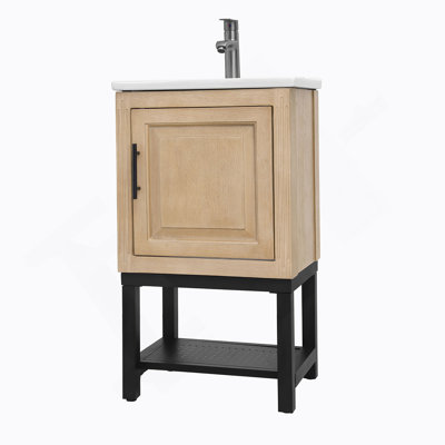 Petit meuble-lavabo de 20 po avec lavabo et robinet d'eau chaude et froide, armoire de salle de bain autoportante avec lavabo en céramique blanche, rangement pour salle de bain avec 1 porte et tablette ouverte en fer