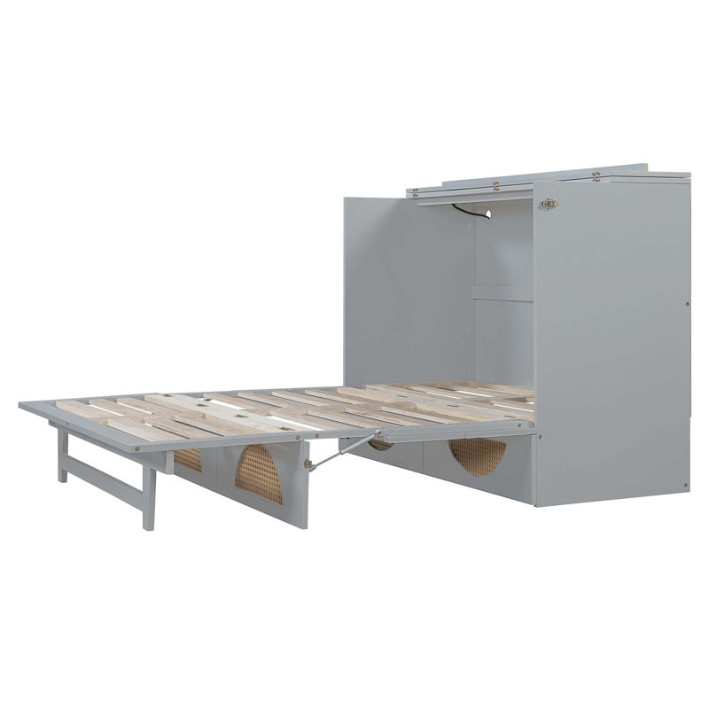 Gray Full Murphy Bed with Large Drawer and USB Ports