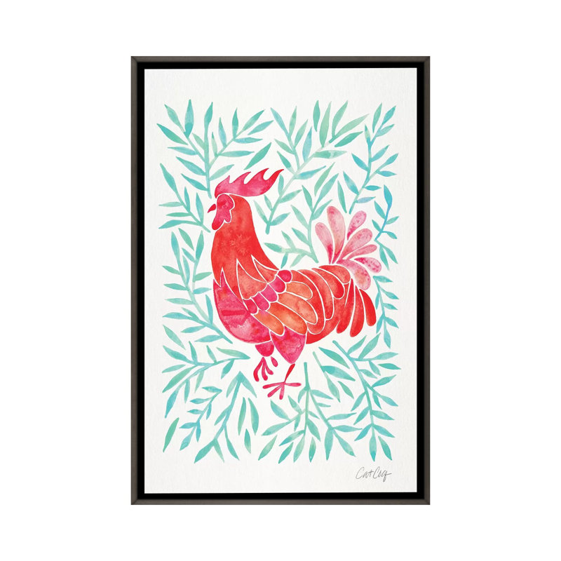 Coq par Coquillette - reproduction d'art, H 26 po x l 18 po x 1,5 po, Toile avec cadre en bois gris, Aucun mat