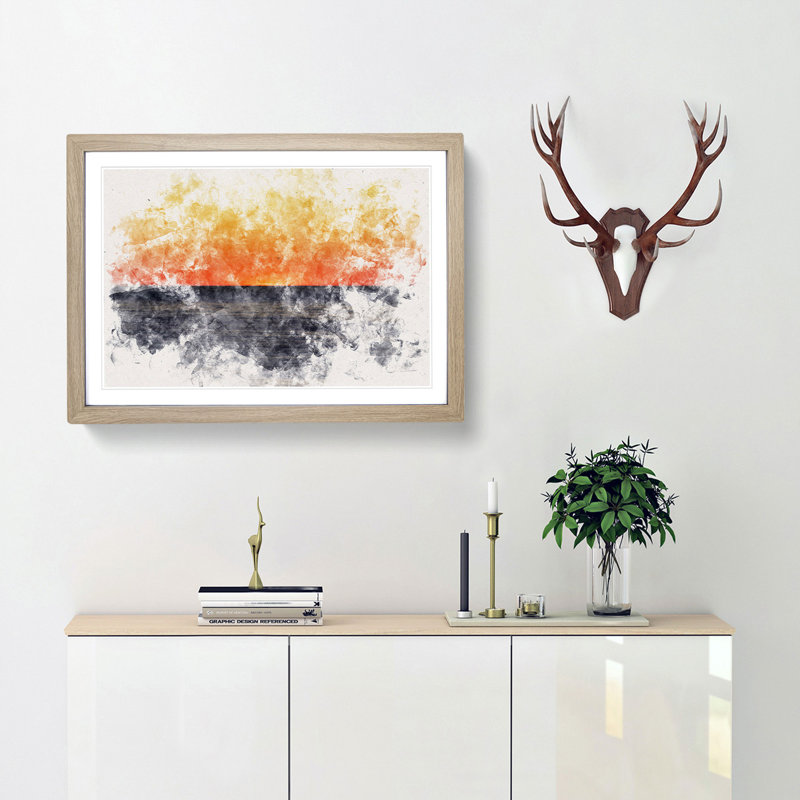 An Orange Sunset Watercolour - Picture Frame Graphic Art Print, Oak Framed, 62cm H x 87cm W x 2cm D
