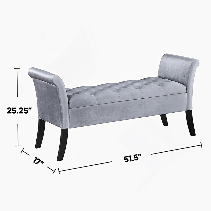 Banc de rangement rembourré avec accoudoirs roulés, Argent argent