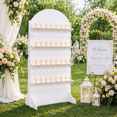 5.9-Ft 4-Tier Freestanding Champagne Wall, Holds 32 Flutes, White Arched PVC Backdrop with Tool-Free Interlocking Design, 70.9" H x 35.4" W