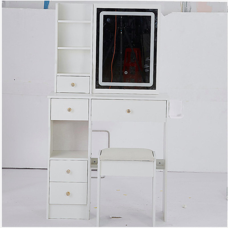Petit meuble-lavabo de 29,2 po avec tiroir à gauche + tabouret rembourré, 2 blocs d'alimentation CA + 2 ports USB, support pour séchoir à cheveux, très grand miroir à DEL coulissant à commande tactile, changement de luminosité tricolore, réglage de la luminosité