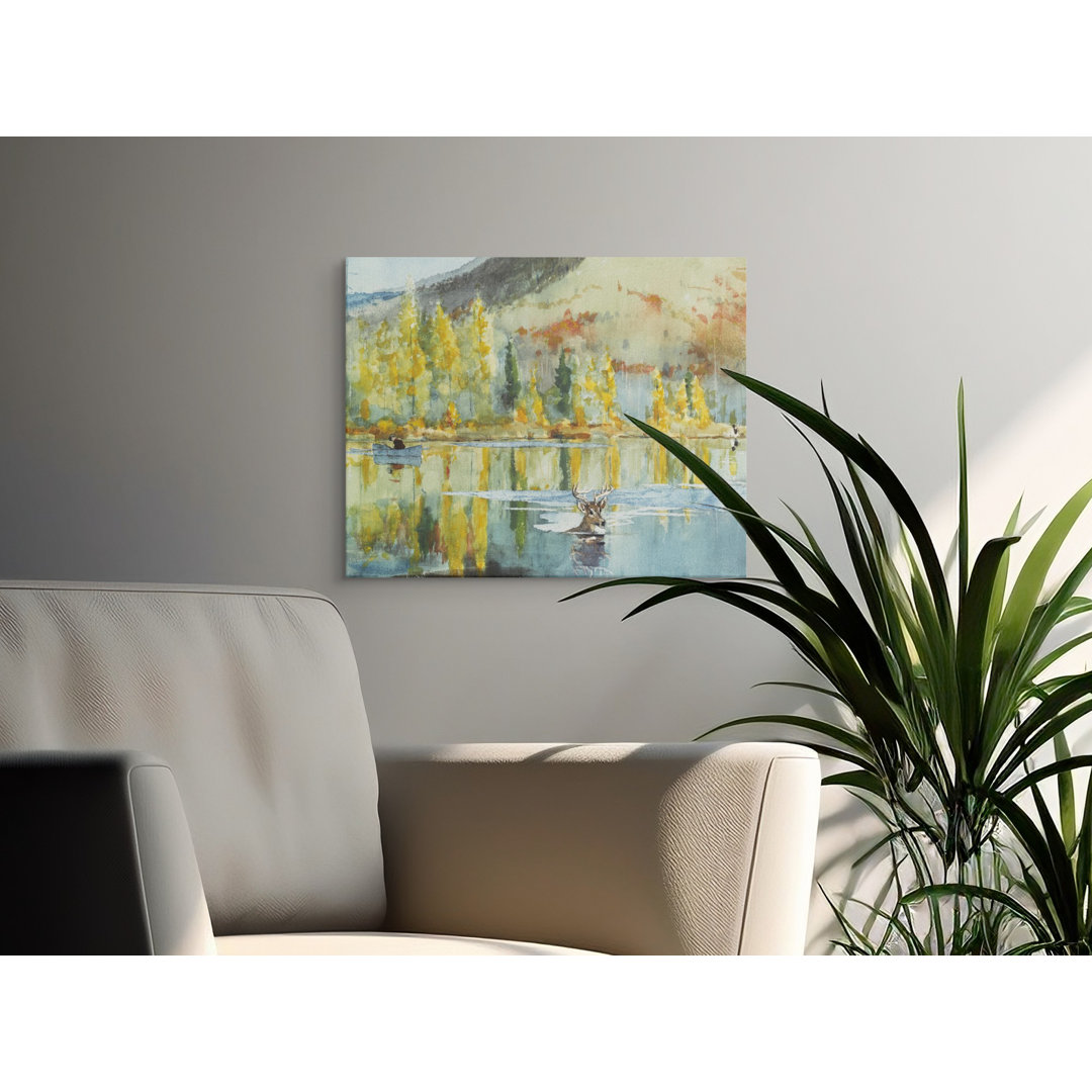 Watercolor Deer Lake Forest Canvas Print