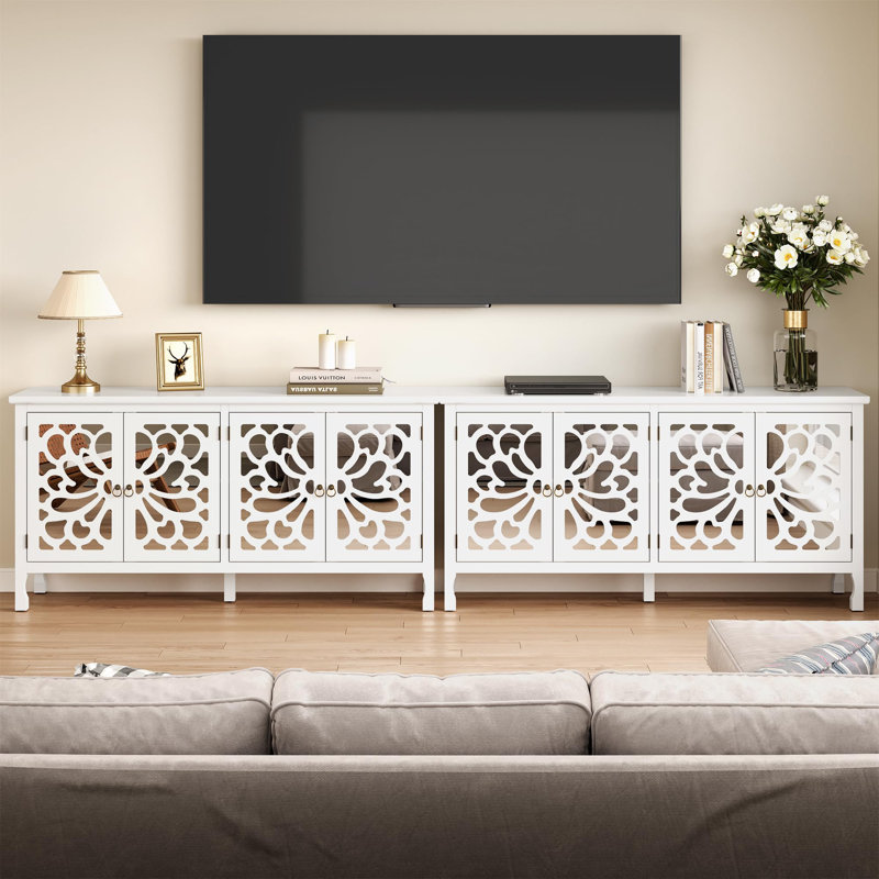63" Carved Buffet Cabinet With Mirrored Door Set Of 2, White