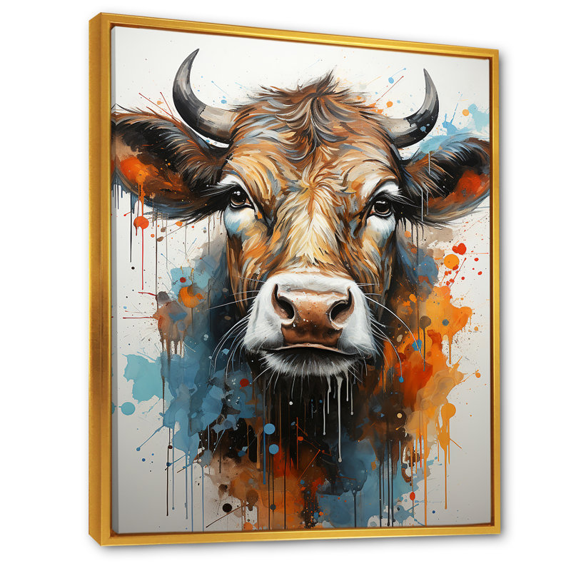 Popart Urban Cow - vache, art mural, H 20 po x l 12 po x P 1 po, Cadre flottant doré