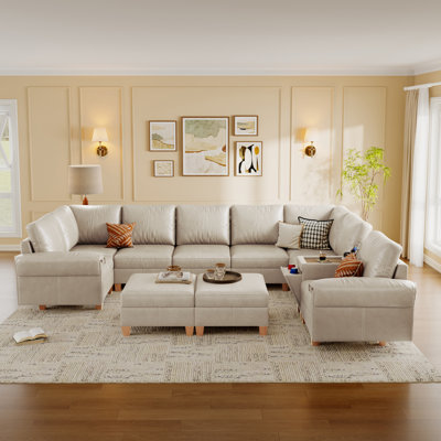 144" Wide 10-Seat Faux Leather U-Shaped Modular Sectional Sofa with Storage and Console, Greige