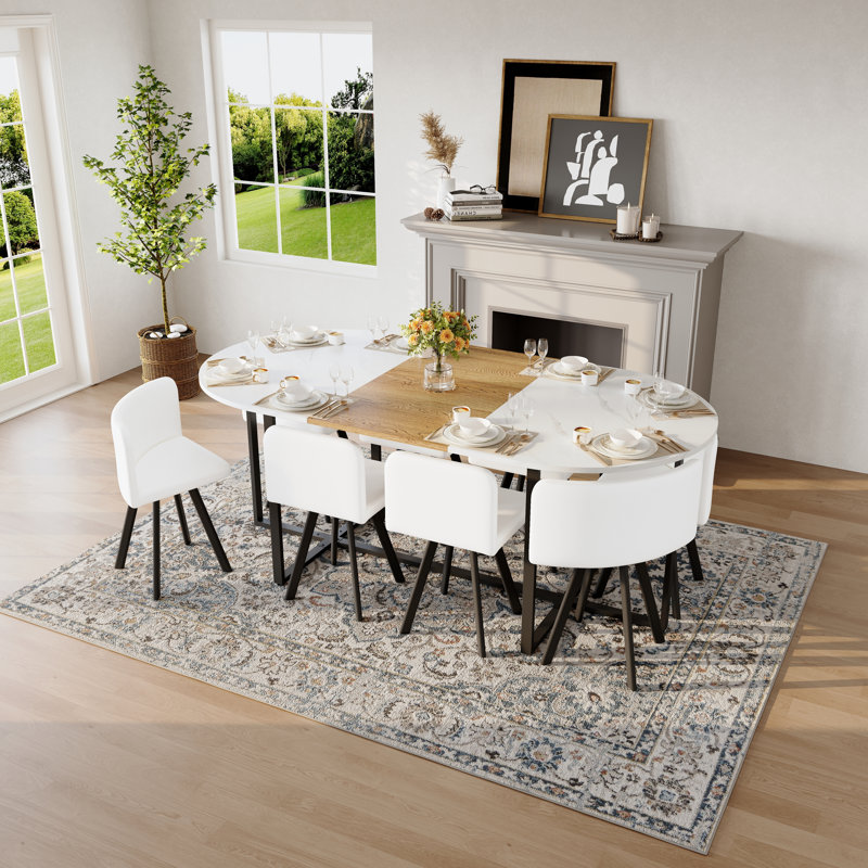 9-Piece Oval Dining Table Set, Fixed White Faux Marble & Wood Grain Triamine Tabletop with 8 White PU Leather Chairs, Modern Kitchen Table Set for 8 People, Ideal for Family Gatherings, Dining Room
