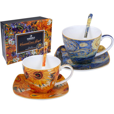 Tasses et soucoupes avec cuillères à thé, inspirées de Van Gogh, « Tournesols et la Nuit étoilée », 235 ml, service pour 2 personnes, coffret-cadeau