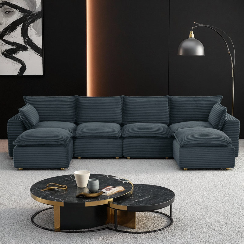 Cloud U-Shape Convertible Sectional Sofa with Ottoman, Plush Black Corduroy, No Assembly Needed, DARK GREY