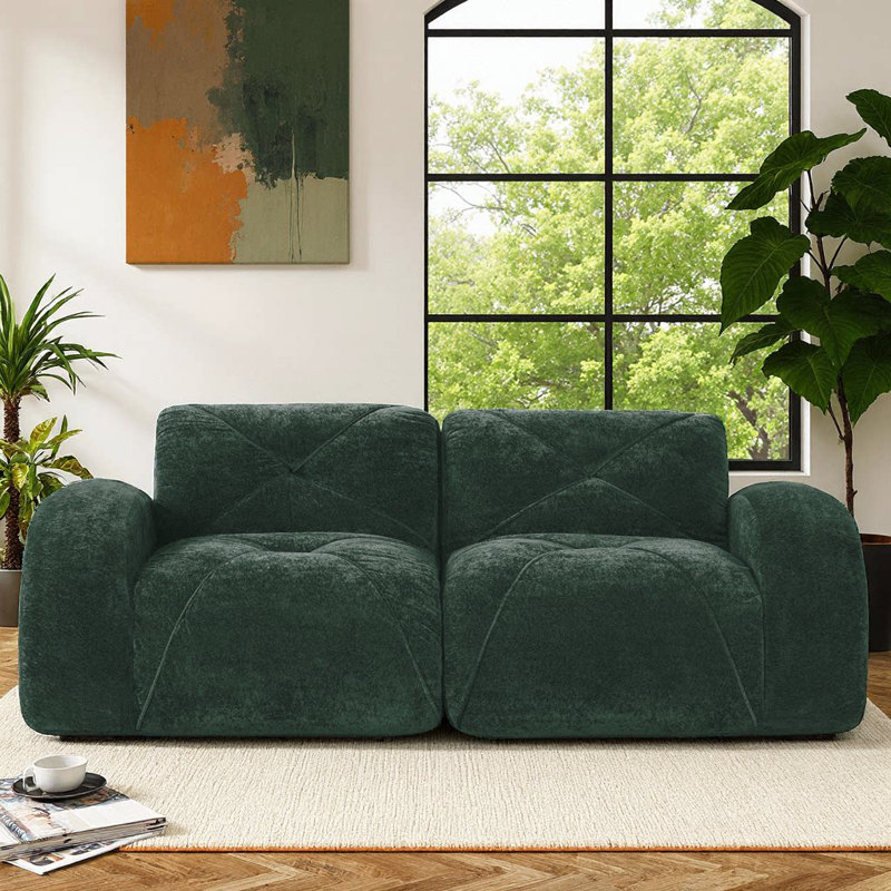 Canapé 2 places en velours capitonné - canapé rembourré vert doux avec base antidérapante, aucun assemblage requis, parfait pour le salon
