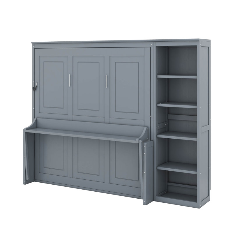Lit escamotable avec bureau et bibliothèque Murphy, Gris, Grand lit