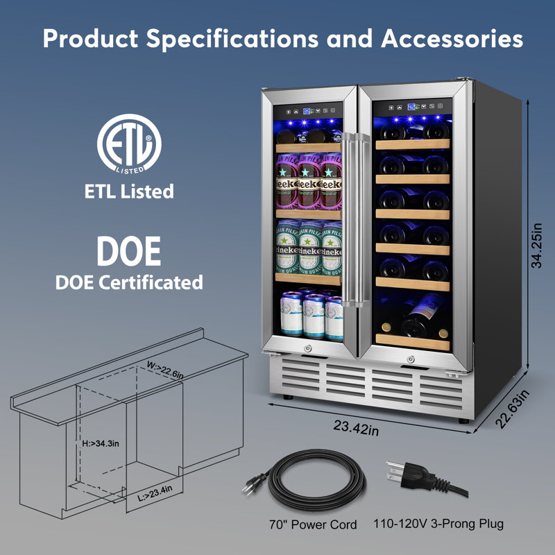  24 Inch Dual Zone Built-in And Freestanding Wine & Beverage Refrigerator - 18 Bottle & 57 Can Capacity, Stainless Steel Frame