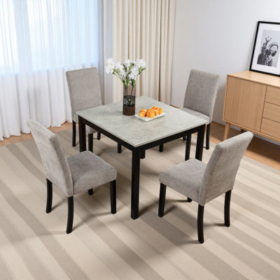 5-Piece Dining Set With Concrete-Effect Melamine Tabletop, Modern Wooden Dining Table Set, Solid Wood Kitchen Table Chairs Set Of 4 For Dining Room