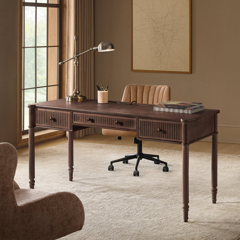 Hoai 60''W Transitional Fluted Simple Assembly Desk With Charging Station And Cable Management, Walnut