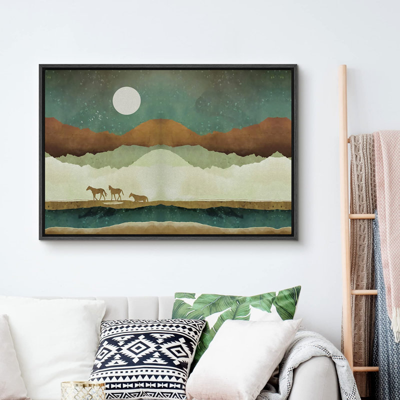 Sun Mountain Range Horse Trio In Moonlit Desert, reproduction d'art sur toile, H 24 po x l 36 po x P 1,5 po, Noir