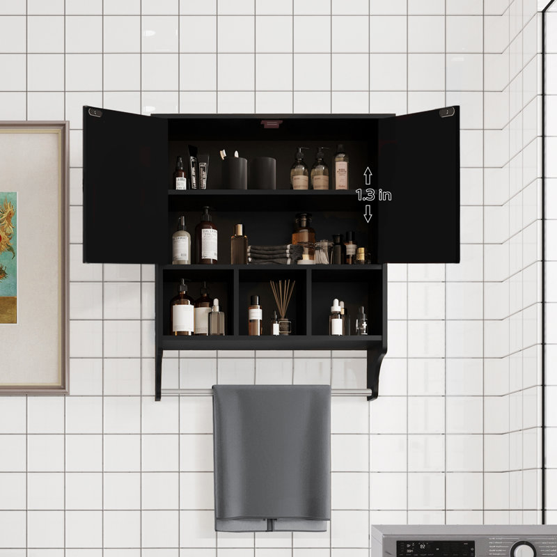 Black Space Saving Wall Storage Cabinet With 2 Doors, Adjustable Shelves, And Towel Rack For Bathroom, Kitchen, Or Living Room | Gift Idea
