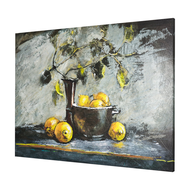 Nature morte avec citrons et toile texturée embellie à la main, H 45 po x l 60 po x P 1,5 po