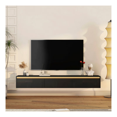 Floating TV Stand, Wall Mounted TV Shelf With Led Lights & Power Outlet,High Gloss TV Cabinet For Black Tv Stands For Living Room