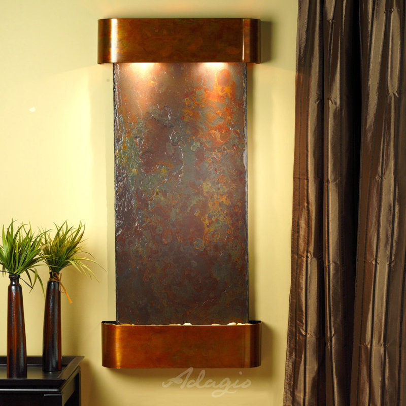 Cascade Springs Natural Stone Fountain with Light, Stainless Steel, Black Slate, Rounded
