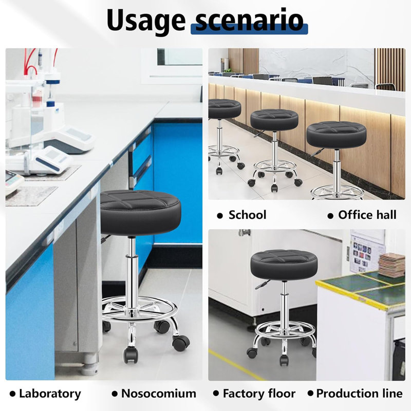 Rolling Stool With Wheels - PU Leather Small Office Chair With Foot Rest, Adjustable Swivel Stool (Ideal For Tattoo/Massage/Salon/Spa/Medical/Kitchen/Home Work)