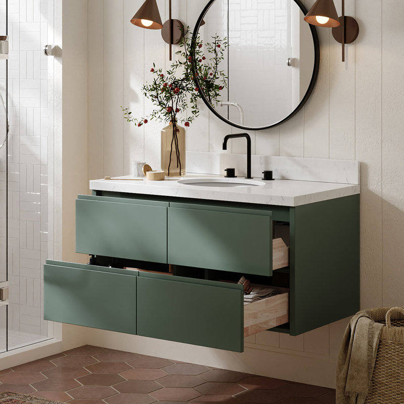   Ensemble de meuble-lavabo mural ovale simple de 42 po avec comptoir en quartz blanc Carrara de 1,5 po Ensuko, Ovale
