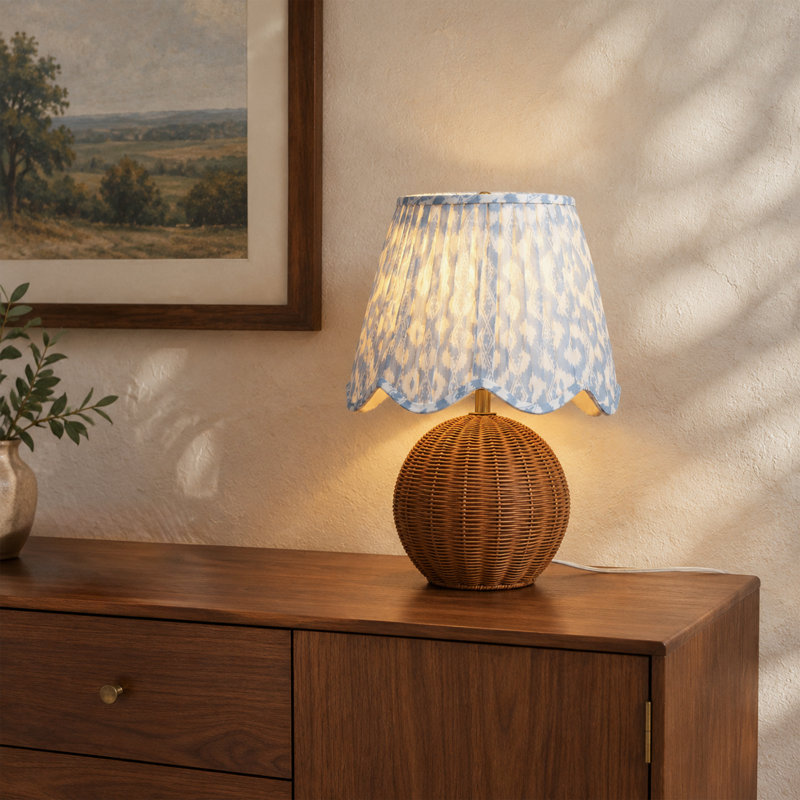 Rattan Table Lamp with Pleated Fabric Shade, Blue