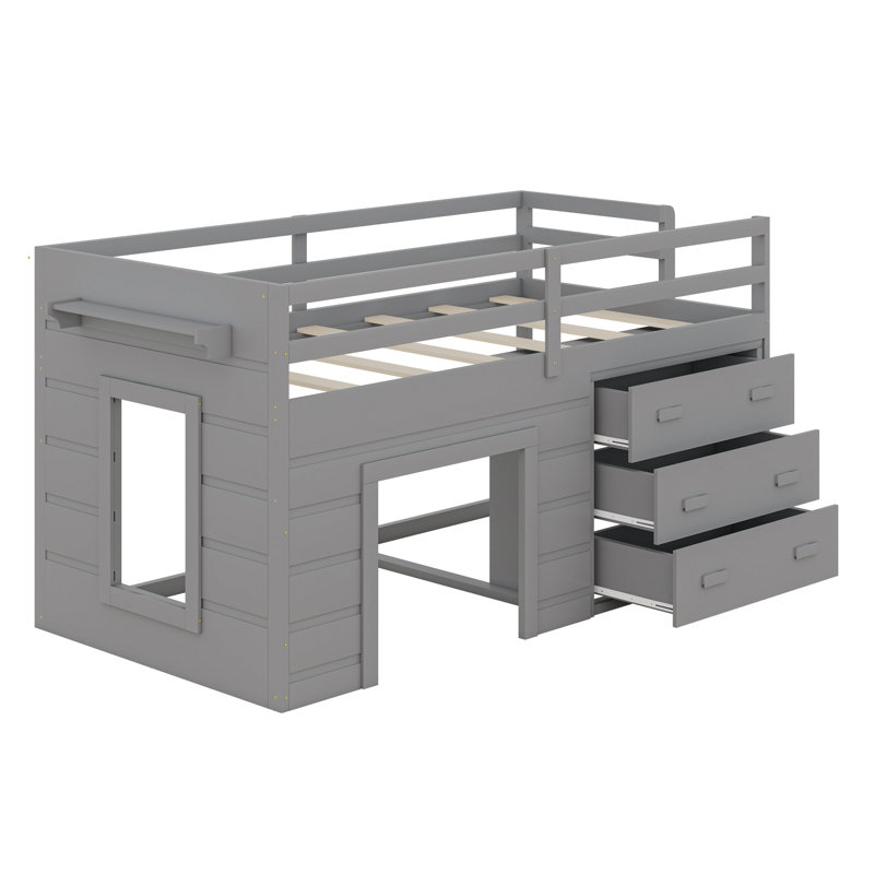 Loft Bed With Drawers And Shelf, Gray