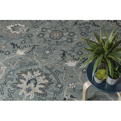 Blair Oriental Hand Hooked Area Rug in Deep Green Blue/Gray/White
