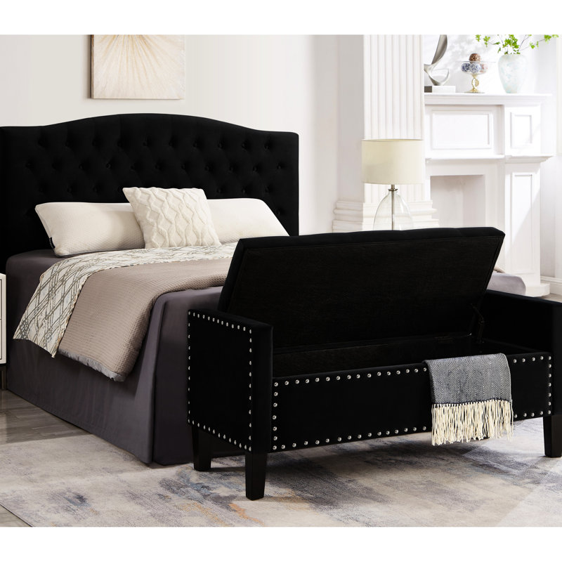 Banc de rangement avec accoudoirs à boutons - Revêtement en velours noir, bois pour le salon, grande boîte d'entrée intérieure revêtue de tissu d'ameublement en bois massif