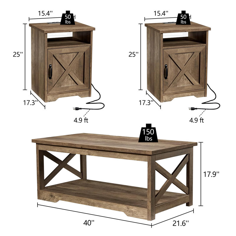 Chiara 5-Piece Farmhouse Living Room Table Sets, Barnwood