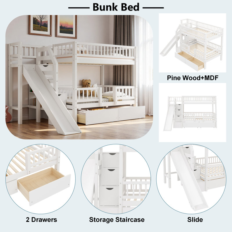 Harriet Bee Bunk Bed With Storage Staircase, Slide And 2 Drawers ...