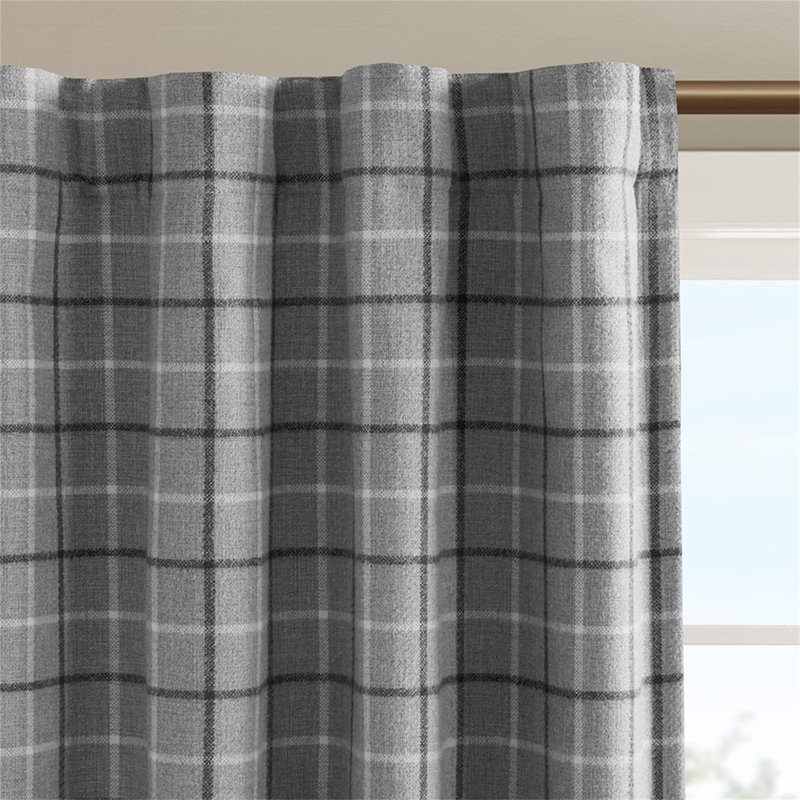 Plaid Rod Pocket And Back Tab Curtain Panel With Fleece Lining 50X95", Gray, 50" W x 95" L