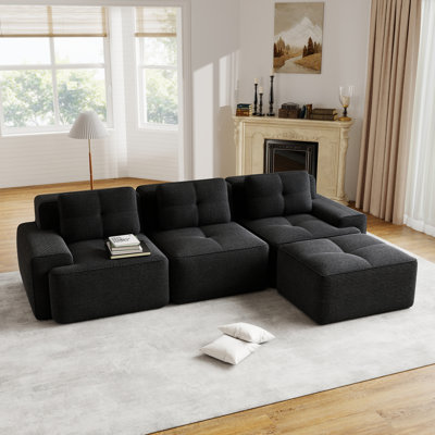 117'' W Modern L-Shaped Modular Sectional Sofa With Corduroy Fabric, Deep Seat, Movable Ottoman, Pearl-Like Piping, And Anti-Slip Base