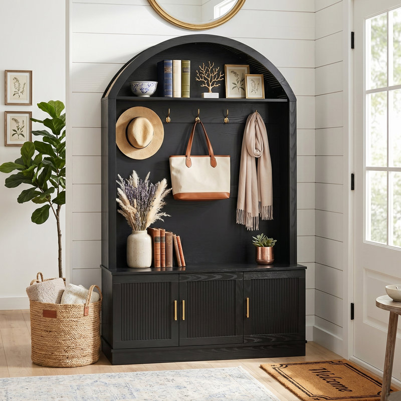 46"W Arched Farmhouse Hall Tree with Shoe Bench and Hooks for Living Room, Black