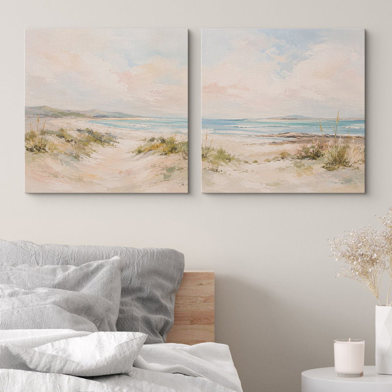 «Pastel Coastal Beach Dunes with Soft Sky and Ocean Breeze», ensemble de 2 reproductions d'art sur toile encadrées