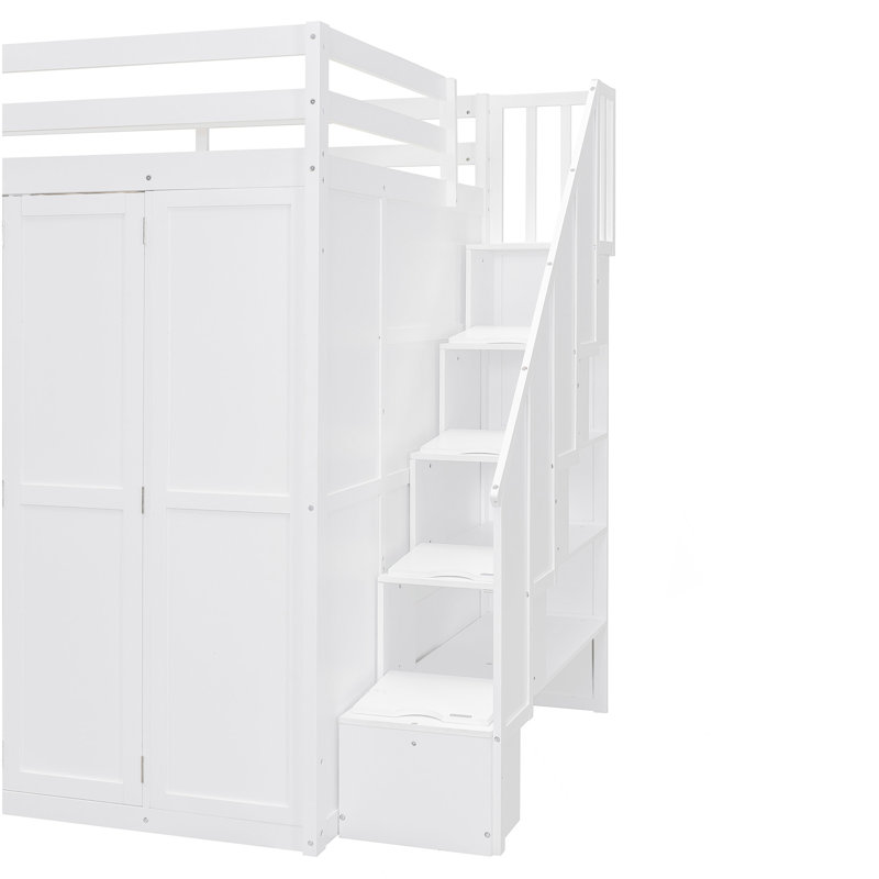 Lit mezzanine double avec armoire, bureau et tablettes, blanc
