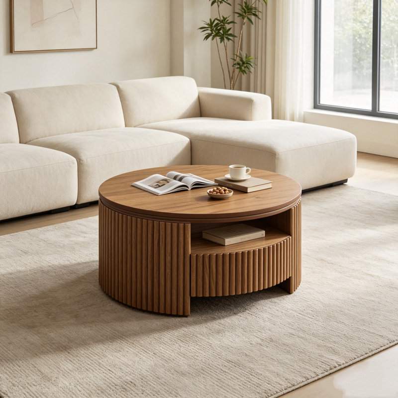 Table basse ronde en bois massif cannelé noyer, table basse tambour moderne de style Mid-Century avec tiroirs de rangement cachés, couche de présentation ouverte creuse, base de piédestal stable pour le salon